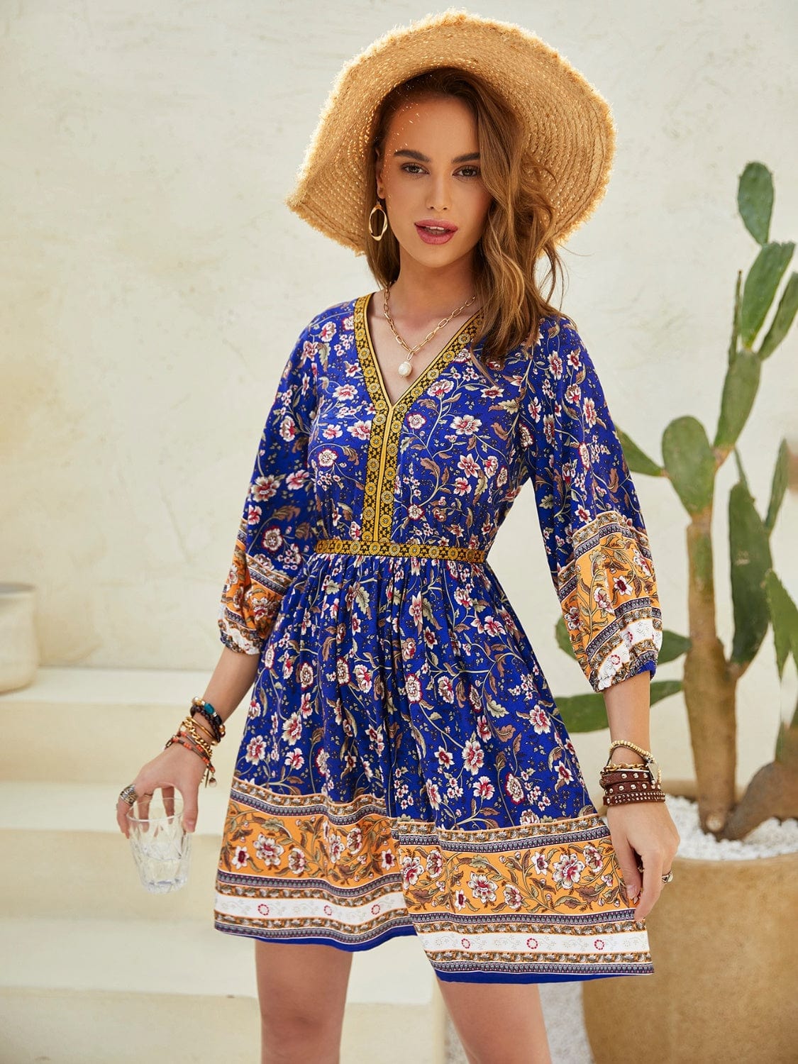 Printed V-Neck Mini Dress - Trendsi