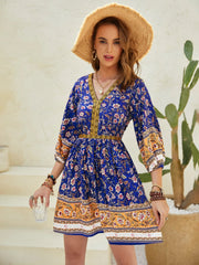 Printed V-Neck Mini Dress - Trendsi