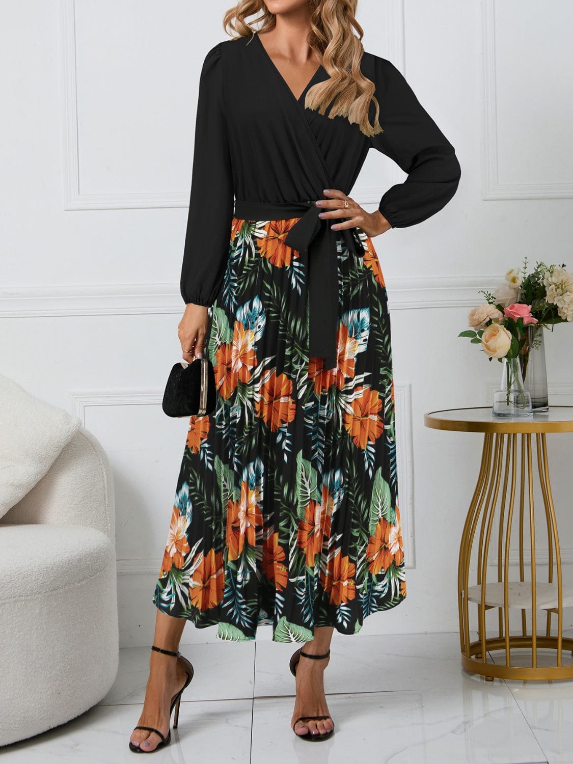 Pleated Printed Surplice Long Sleeve Dress - Trendsi