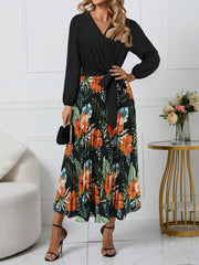 Pleated Printed Surplice Long Sleeve Dress - Trendsi