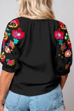 Floral Embroidered Notched Puff Sleeve Blouse - Trendsi