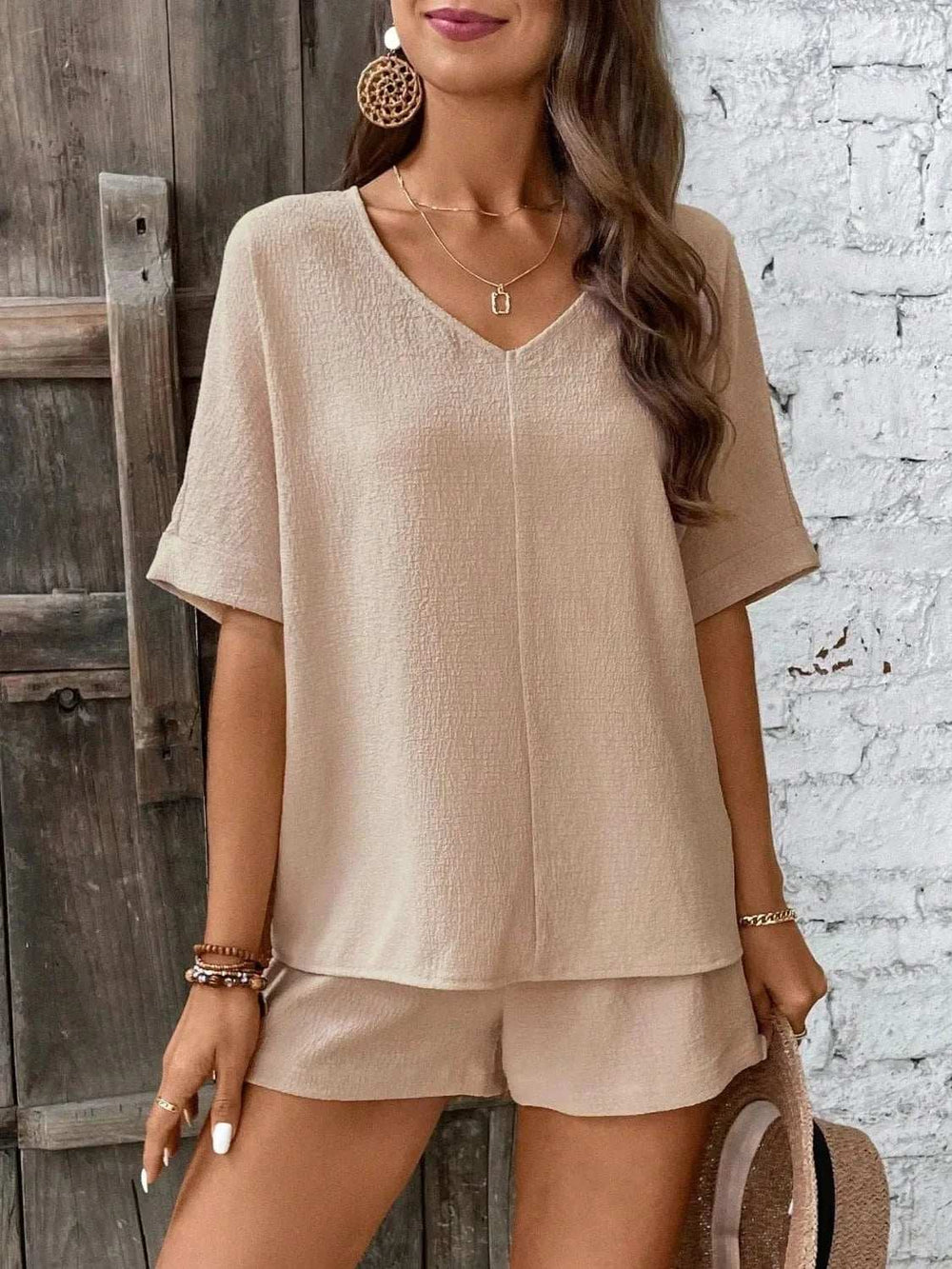 V-Neck Half Sleeve Top and Shorts Set - Trendsi - Flyclothing LLC