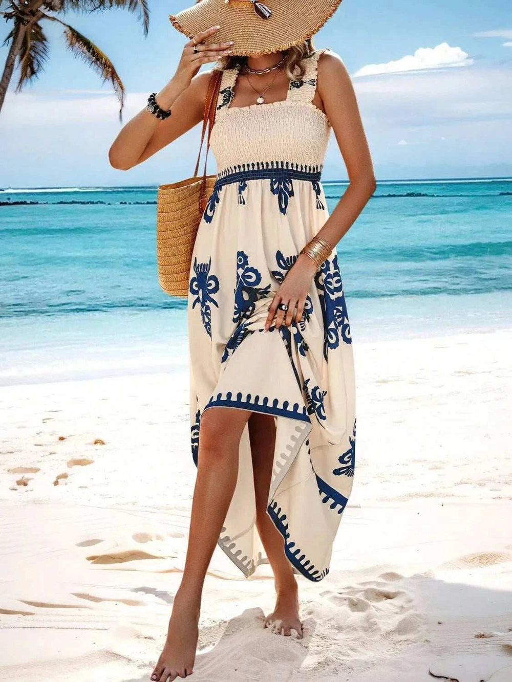Smocked Printed Wide Strap Maxi Dress - Trendsi - Flyclothing LLC