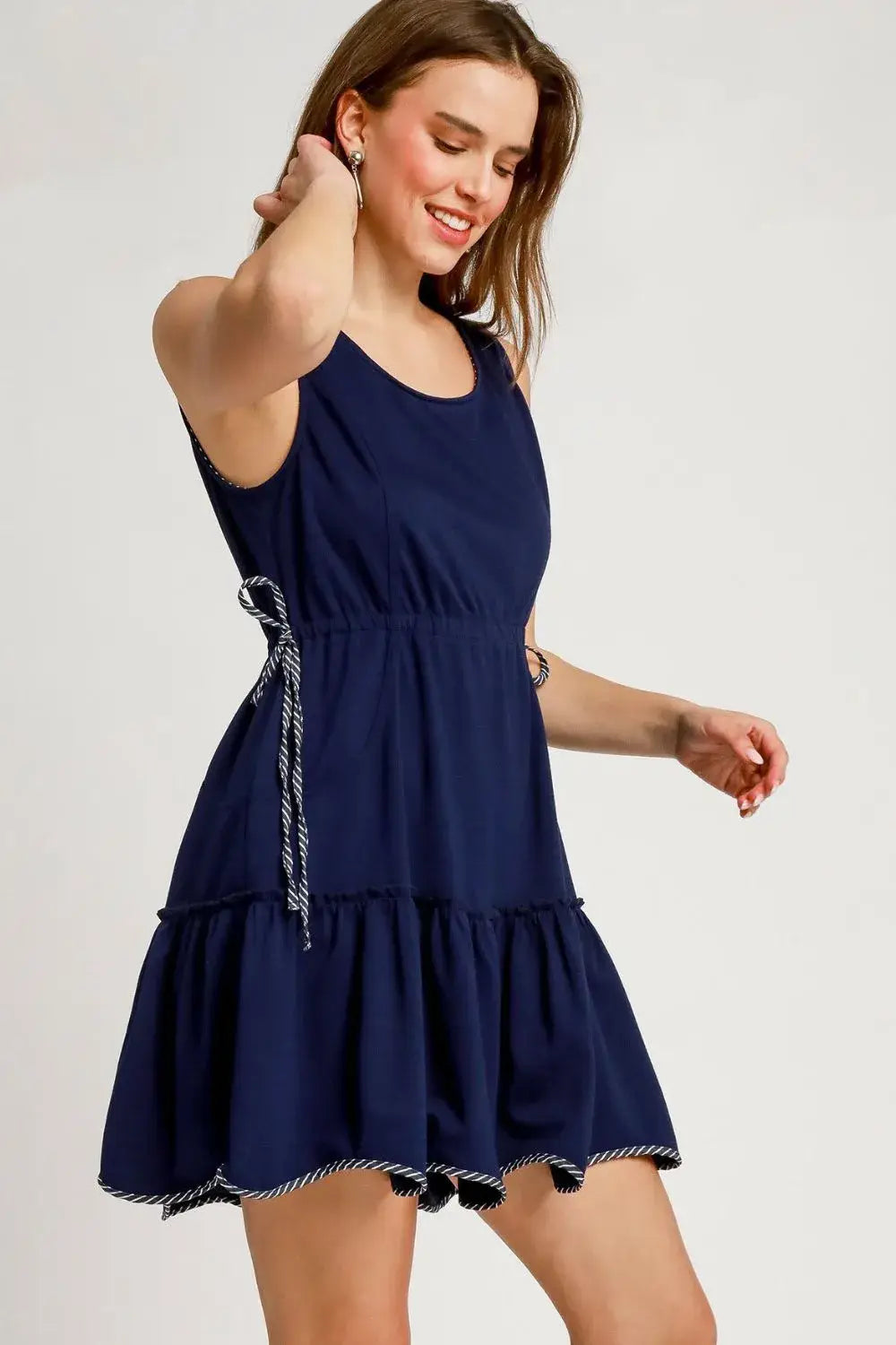 Umgee Frill Drawstring Waist Round Neck Mini Tank Dress - Trendsi - Flyclothing LLC