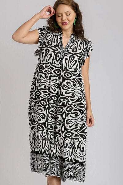 Umgee Full Size Two Tone Border Print Ruffle Cap Sleeve Midi Dress Plus Size - Trendsi - Flyclothing LLC