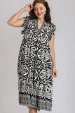 Umgee Full Size Two Tone Border Print Ruffle Cap Sleeve Midi Dress Plus Size - Trendsi - Flyclothing LLC