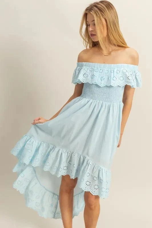 HYFVE High-Low Eyelet Ruffled Off-Shoulder Dress - Trendsi