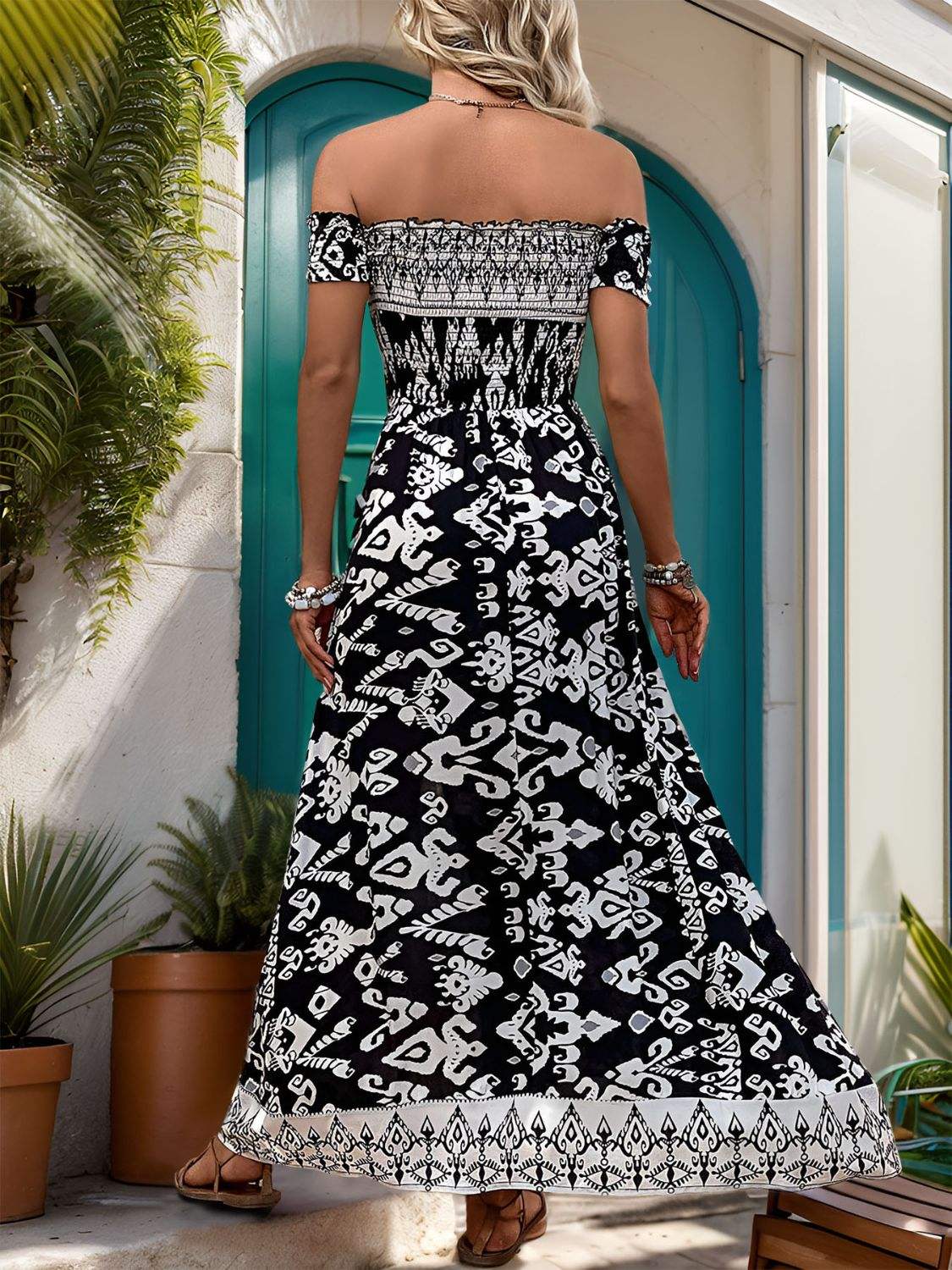 Slit Printed Off-Shoulder Dress - Trendsi - Flyclothing LLC
