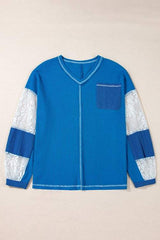 Lace Patchwork Sleeve Stitching V Neck Top - Trendsi - Flyclothing LLC