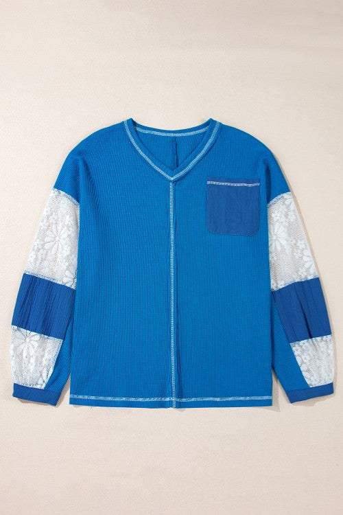 Lace Patchwork Sleeve Stitching V Neck Top - Trendsi - Flyclothing LLC