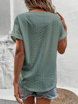 Eyelet V-Neck Short Sleeve Blouse - Trendsi - Flyclothing LLC