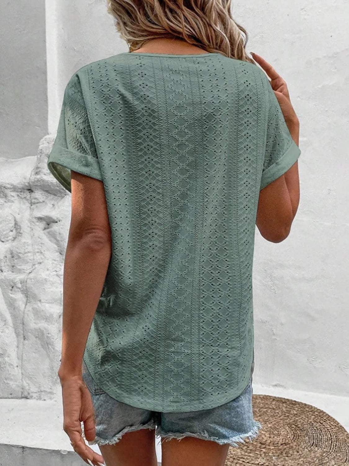 Eyelet V-Neck Short Sleeve Blouse - Trendsi - Flyclothing LLC