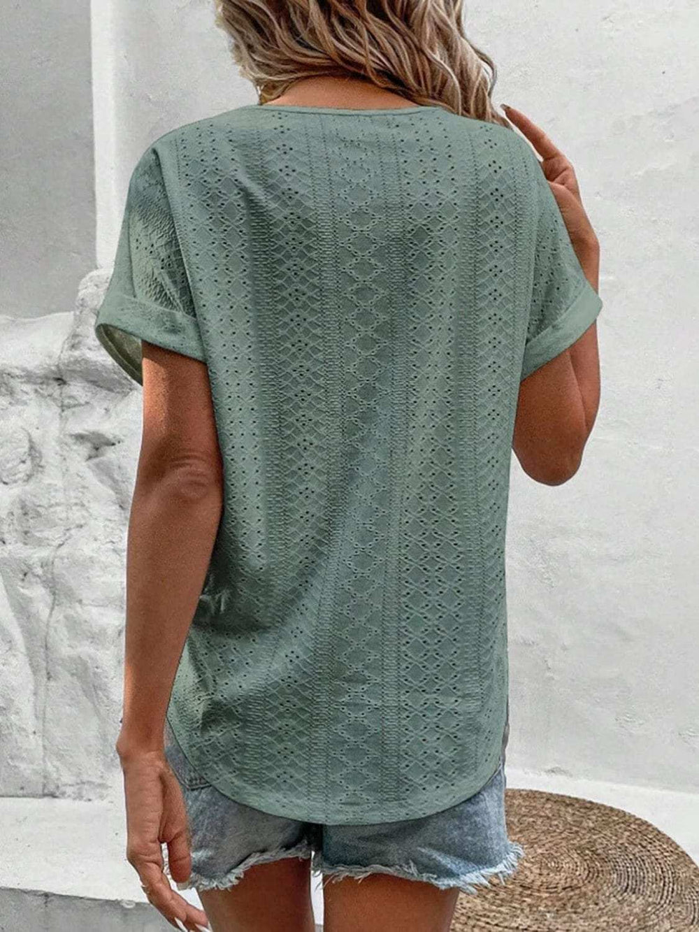 Eyelet V-Neck Short Sleeve Blouse - Trendsi - Flyclothing LLC