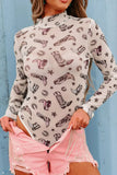 Printed Mock Neck Long Sleeve Bodysuit - Trendsi