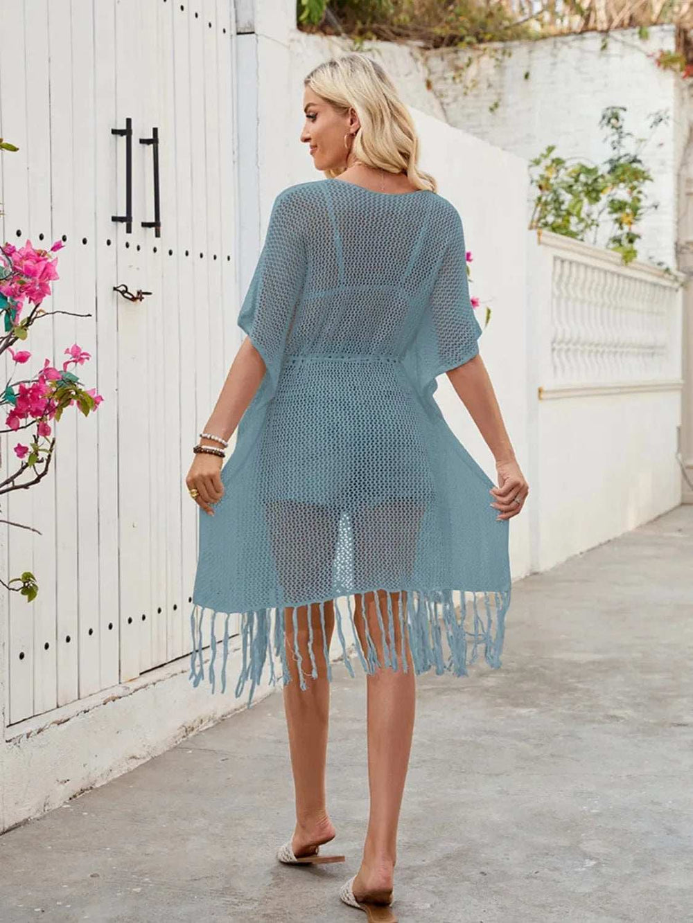 Openwork Fringe Slit Front Knit Cover Up - Trendsi - Flyclothing LLC