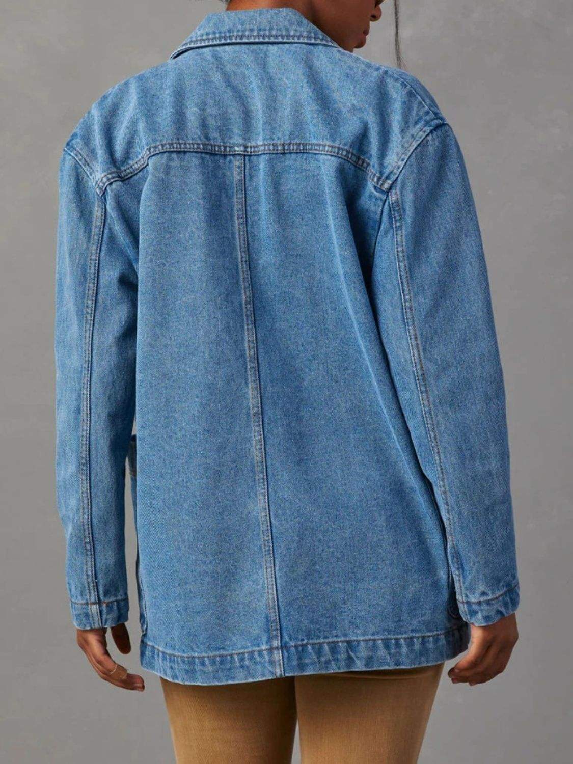 Pocketed Lapel Collar Long Sleeve Denim Jacket - Trendsi - Flyclothing LLC