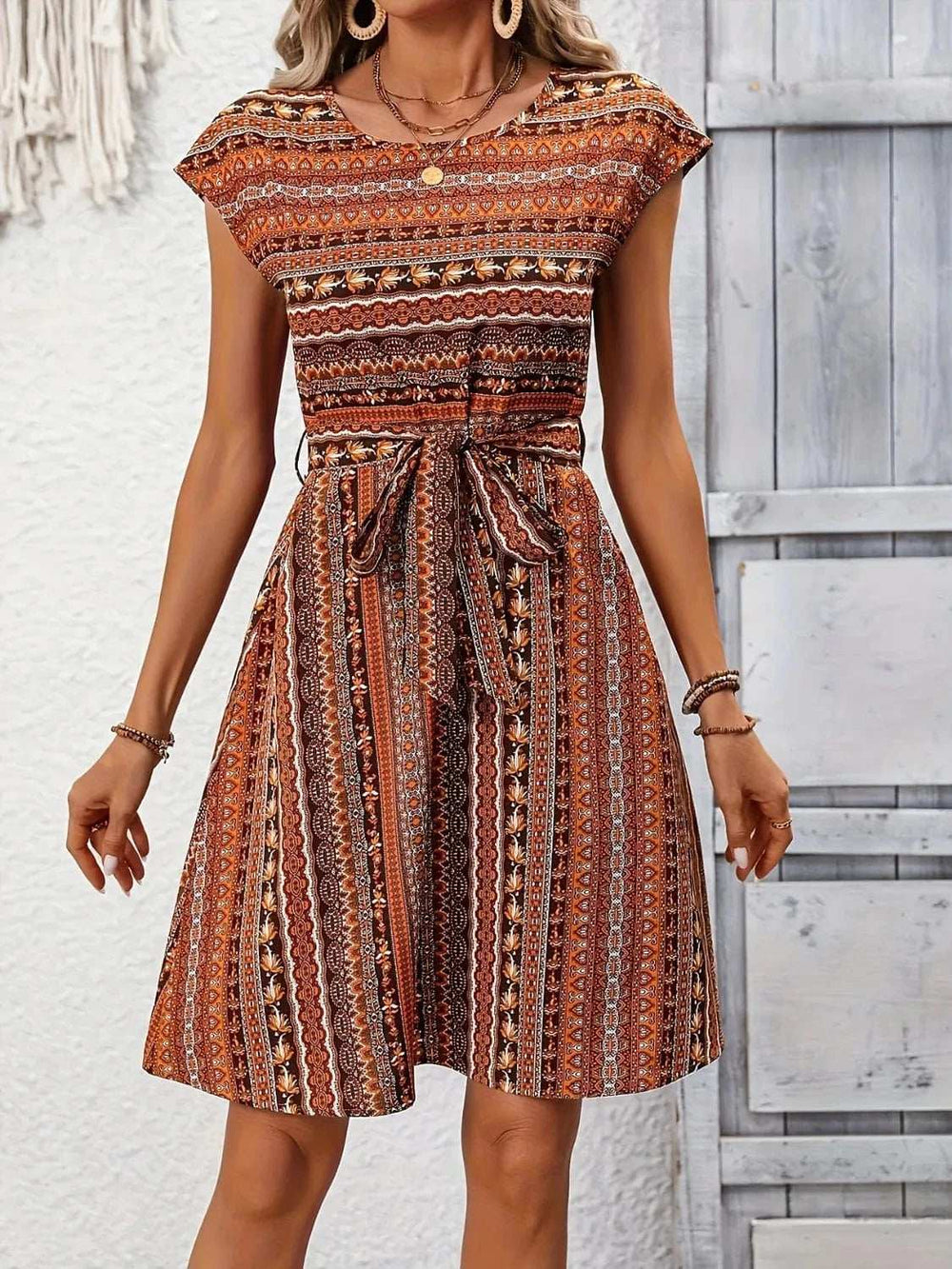 Printed Round Neck Cap Sleeve Dress - Trendsi - Flyclothing LLC