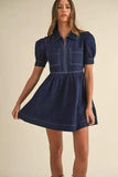 Collared Neck Half Zip Denim Dress - Trendsi