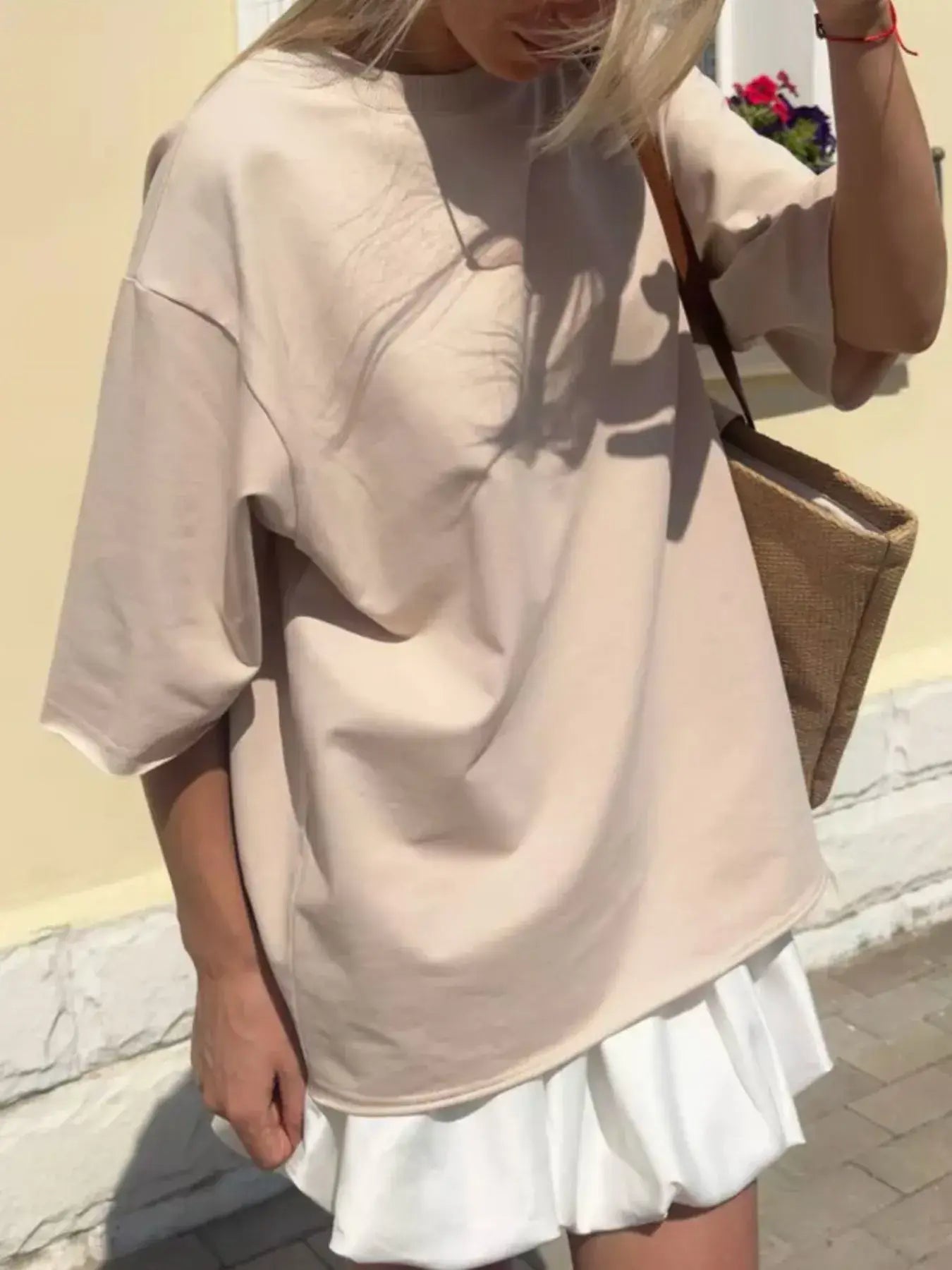 Round Neck Half Sleeve Oversized T-Shirt - Trendsi - Flyclothing LLC