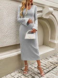 Devine Tied V-Neck Long Sleeve Sweater Dress - Trendsi - Flyclothing LLC