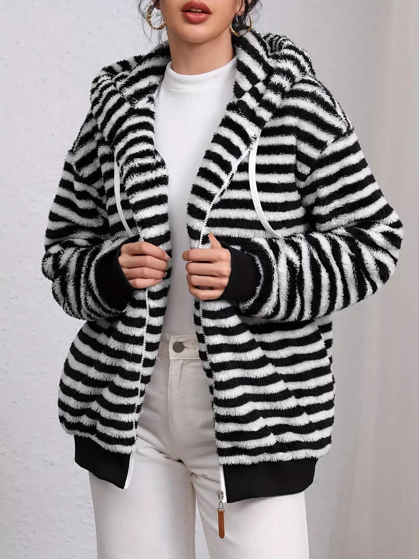 Striped Plush Zip-Up Hooded Outerwear - Trendsi - Flyclothing LLC