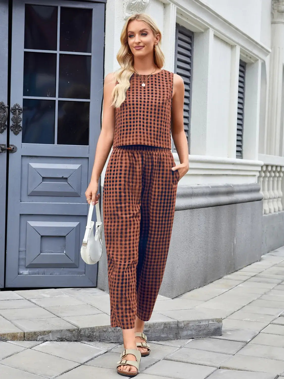Plaid Sleeveless Top and Pants Set - Trendsi - Flyclothing LLC