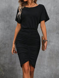 Ruched Boat Neck Short Sleeve Dress - Trendsi