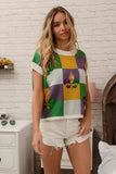 BiBi Sequin Embroidery Mardi Gras Checker Sweater Top - Trendsi - Flyclothing LLC