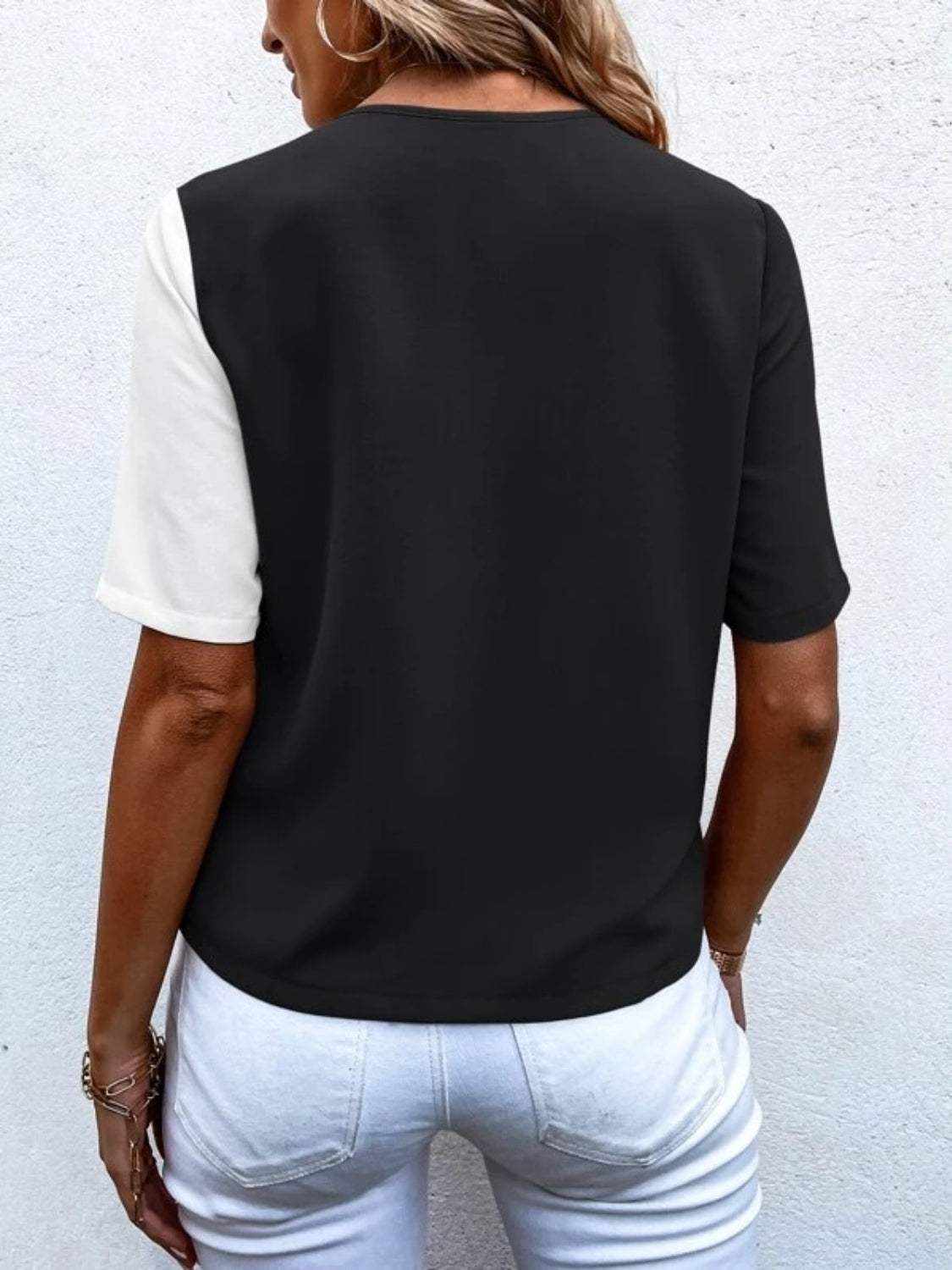Decorative Button Surplice Short Sleeve Blouse - Trendsi - Flyclothing LLC