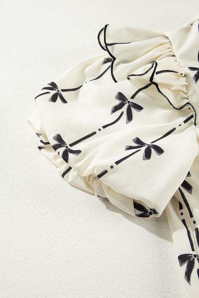 Bow Print Tie Neck Short Sleeve Blouse - Trendsi - Flyclothing LLC
