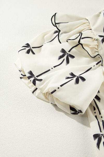 Bow Print Tie Neck Short Sleeve Blouse - Trendsi - Flyclothing LLC