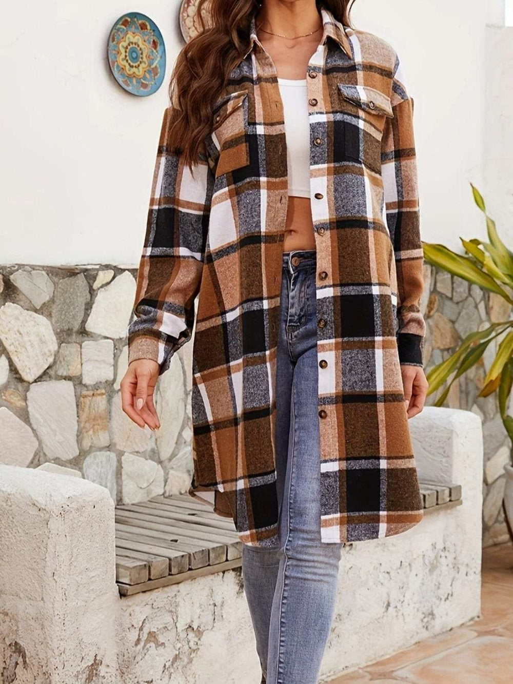 Plaid Collared Neck Long Sleeve Jacket - Trendsi - Flyclothing LLC