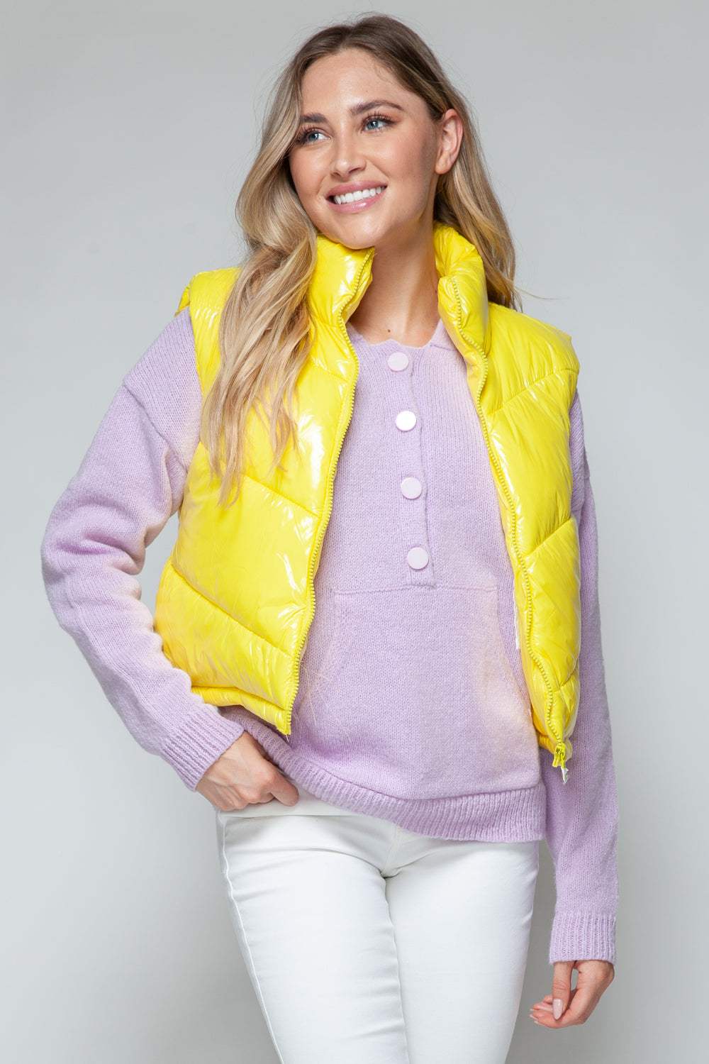 Snobbish Zip Up Turtleneck Shiny Quilted Vest - Trendsi - Flyclothing LLC
