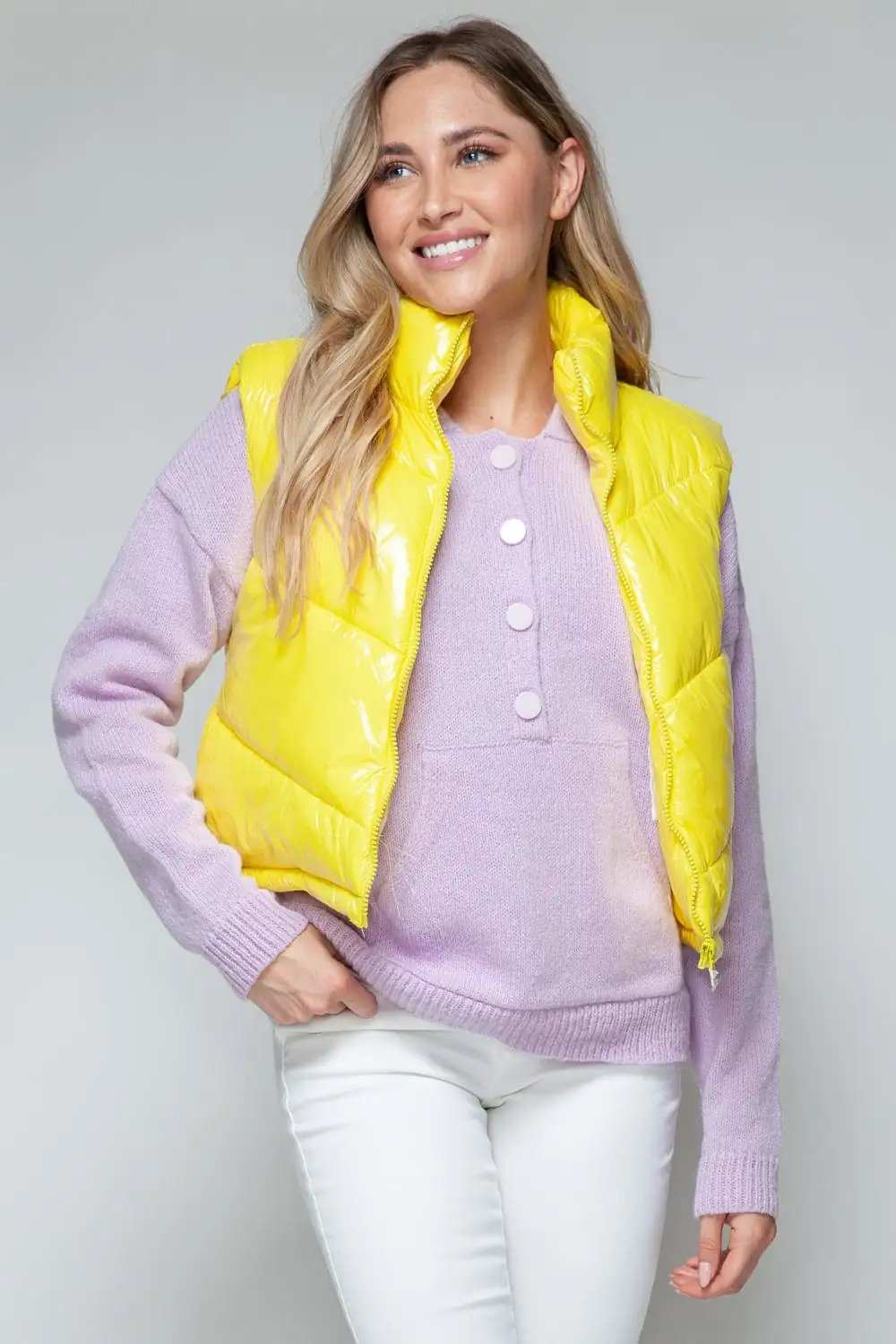 Snobbish Zip Up Turtleneck Shiny Quilted Vest - Trendsi - Flyclothing LLC