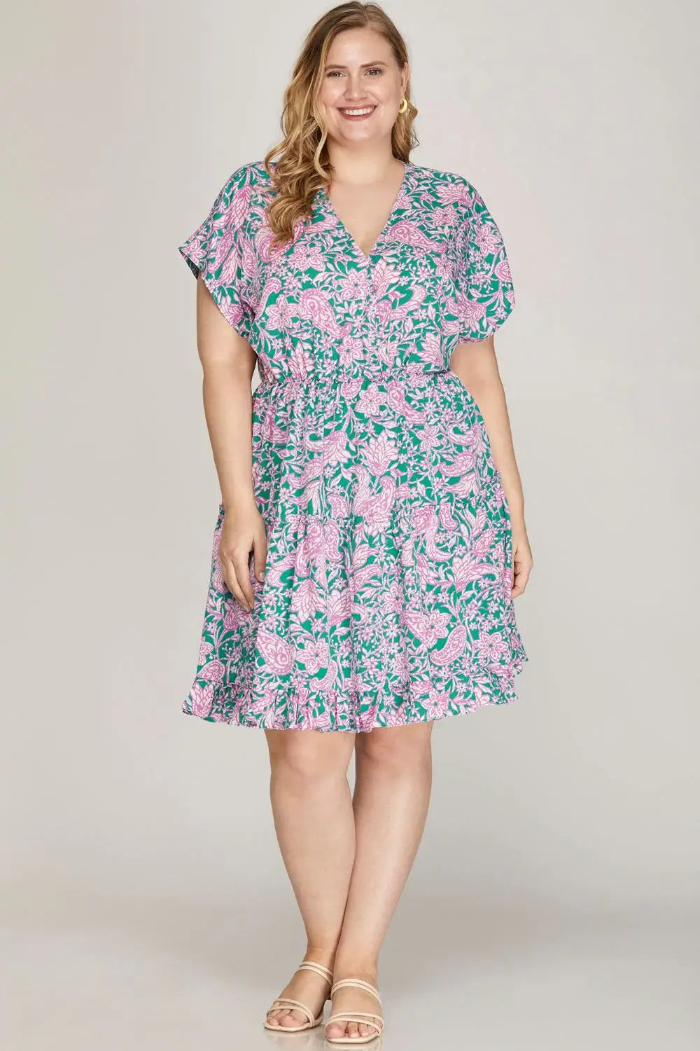 She + Sky Full Size Ruffled Hem Printed Surplice Kimono Sleeve Mini Dress Plus Size - Trendsi - Flyclothing LLC