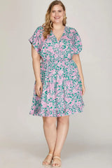 She + Sky Full Size Ruffled Hem Printed Surplice Kimono Sleeve Mini Dress Plus Size - Trendsi - Flyclothing LLC