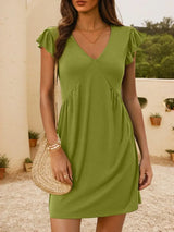 V-Neck Ruffled Cap Sleeve Mini Dress - Trendsi - Flyclothing LLC