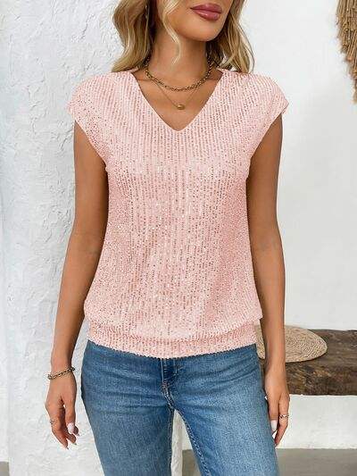 Sequin V-Neck Cap Sleeve Top - Trendsi - Flyclothing LLC
