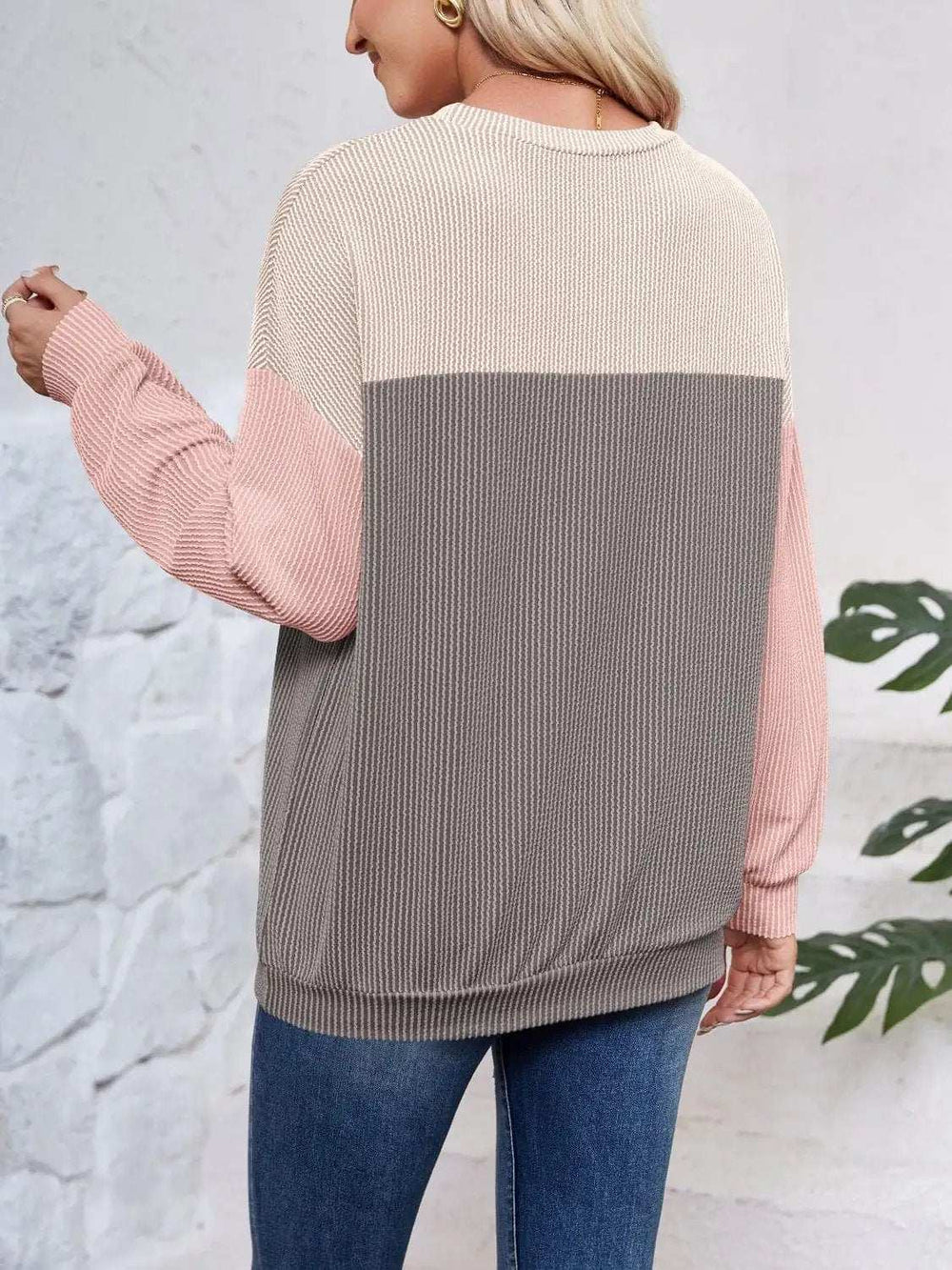 Color Block Round Neck Long Sleeve Sweatshirt - Trendsi - Flyclothing LLC