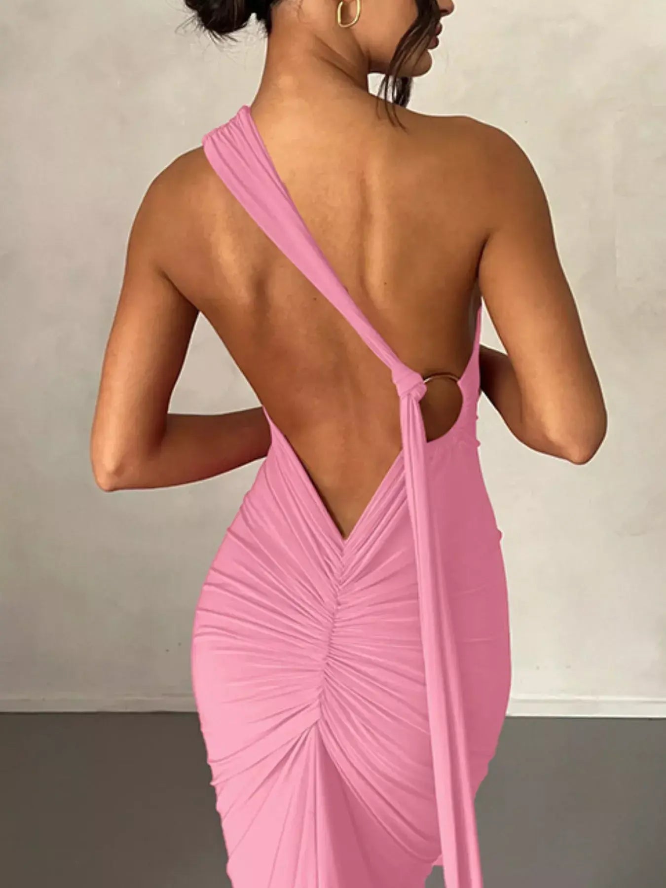 Backless One-Shoulder Ruched Bodycon Maxi Dress - Trendsi - Flyclothing LLC