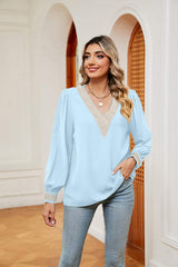 Contrast Puff Sleeve Blouse - Trendsi - Flyclothing LLC
