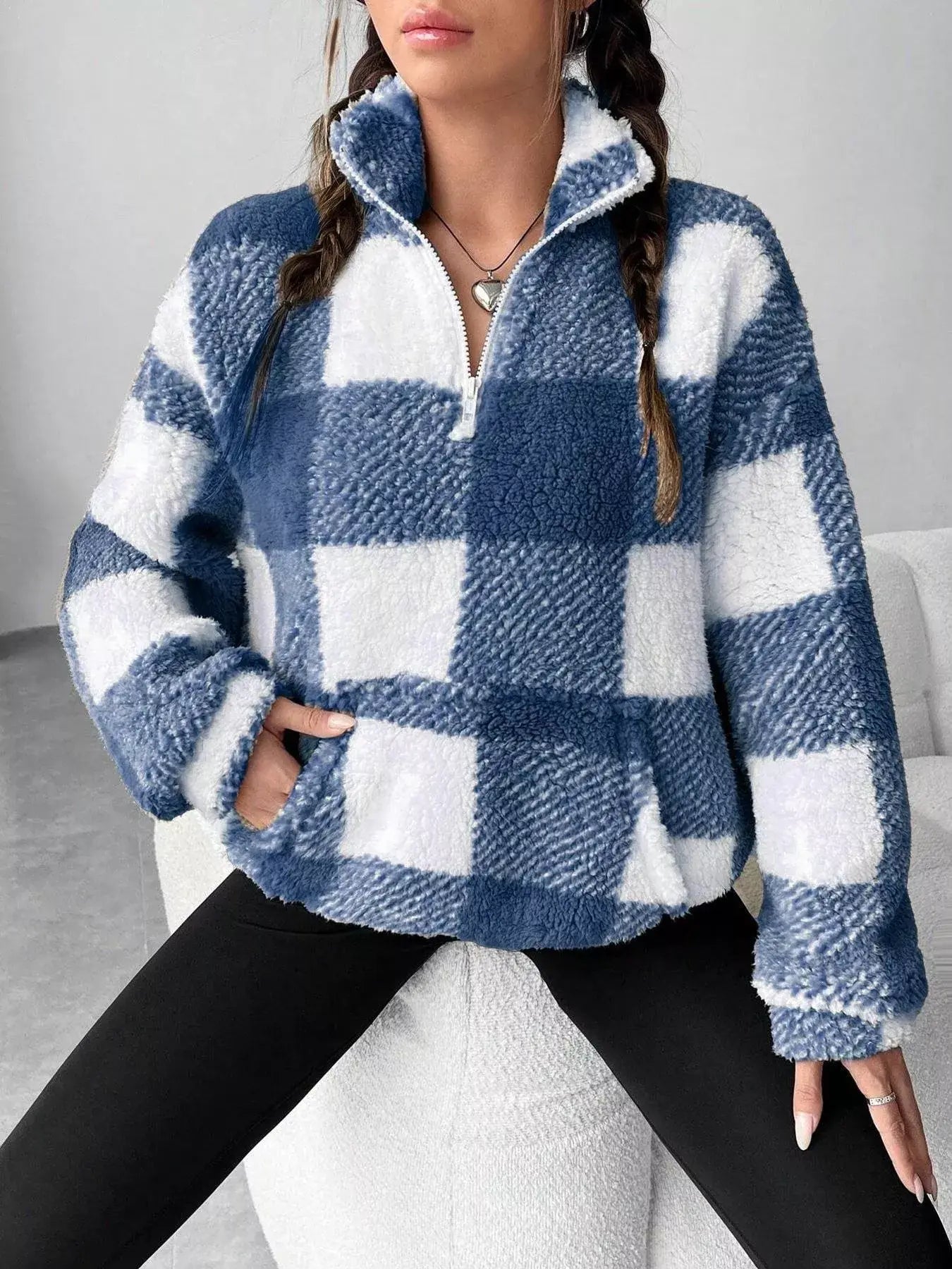 Full Size Plaid Sherpa Long Sleeve Sweatshirt Plus Size - Trendsi - Flyclothing LLC