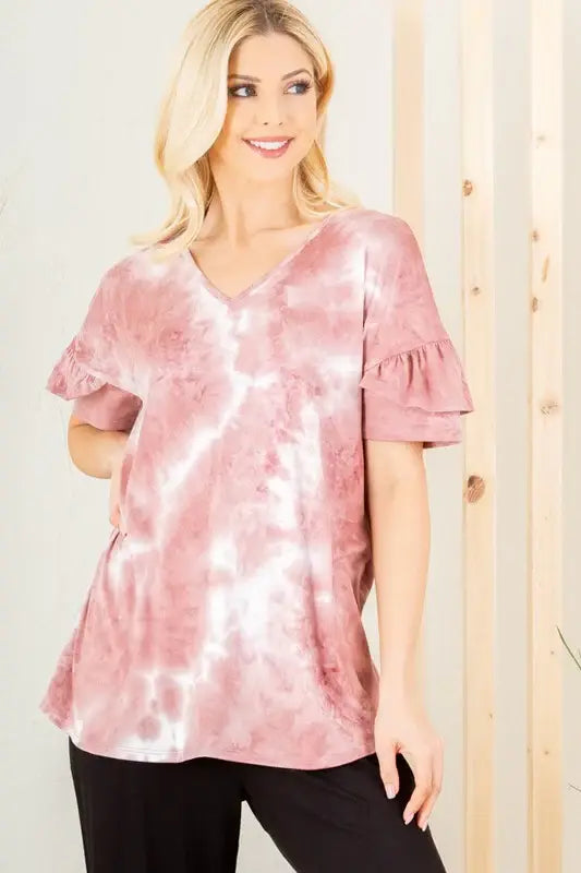 Heimish Full Size Ruffled Sleeve Tie Dye Top Plus Size - Trendsi - Flyclothing LLC