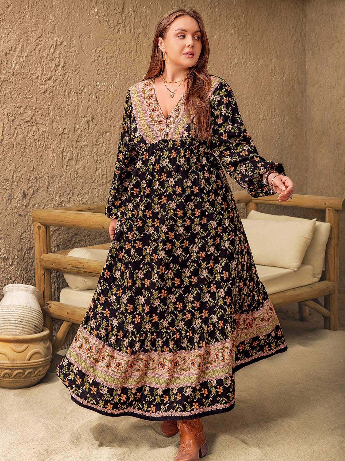 Plus Size Floral V-Neck Balloon Sleeve Dress - Trendsi - Flyclothing LLC