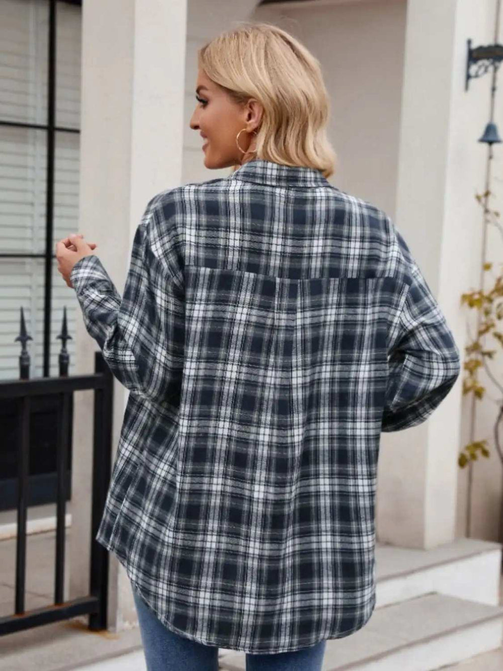 Pocketed Plaid Collared Neck Long Sleeve Shirt - Trendsi - Flyclothing LLC