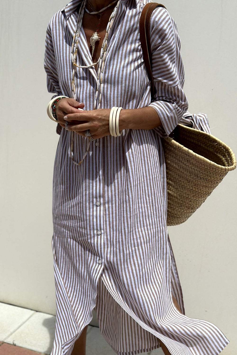 Tied Button Up Three-Quarter Sleeve Dress - Trendsi - Flyclothing LLC