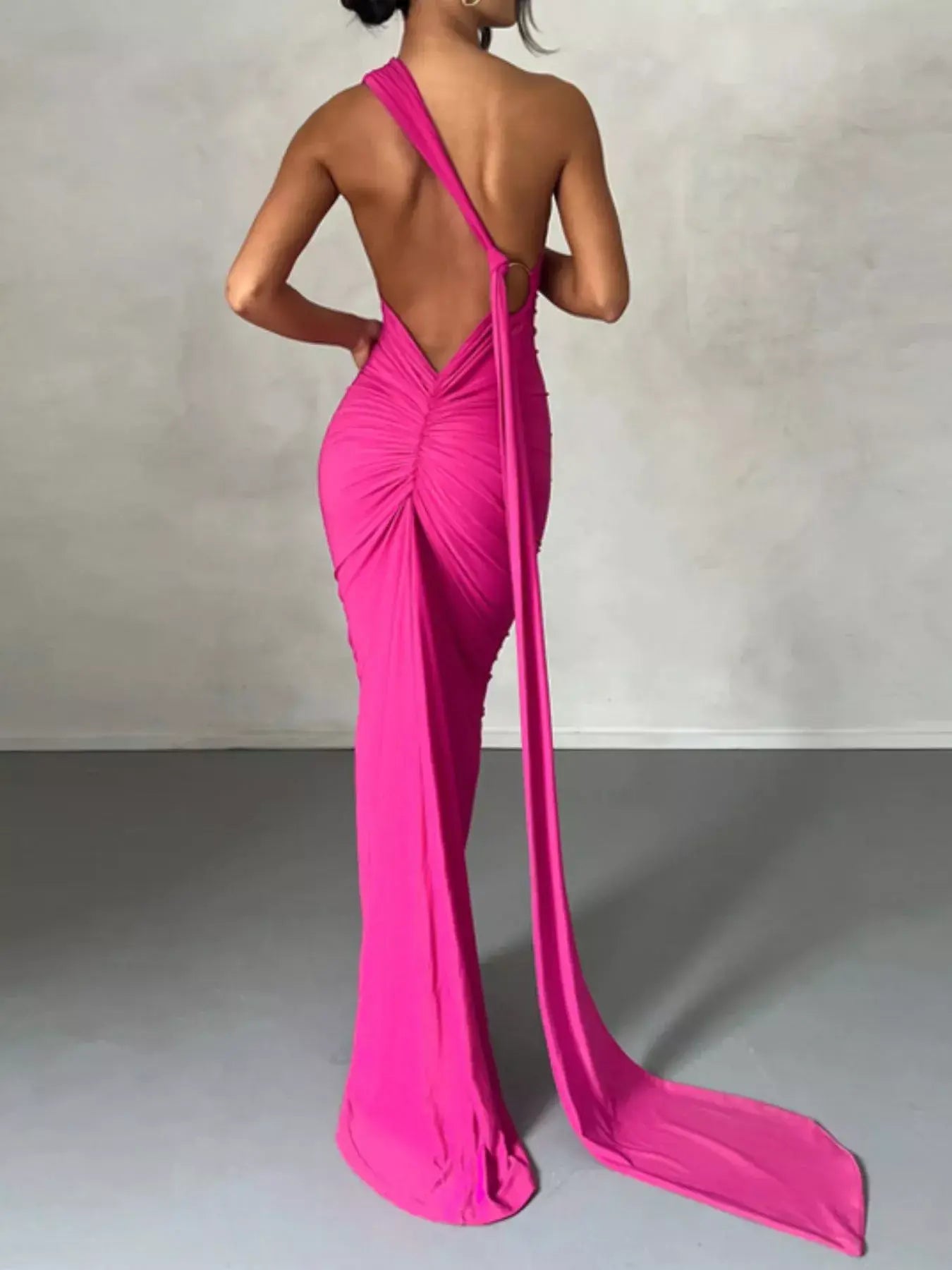 Backless One-Shoulder Ruched Bodycon Maxi Dress - Trendsi - Flyclothing LLC