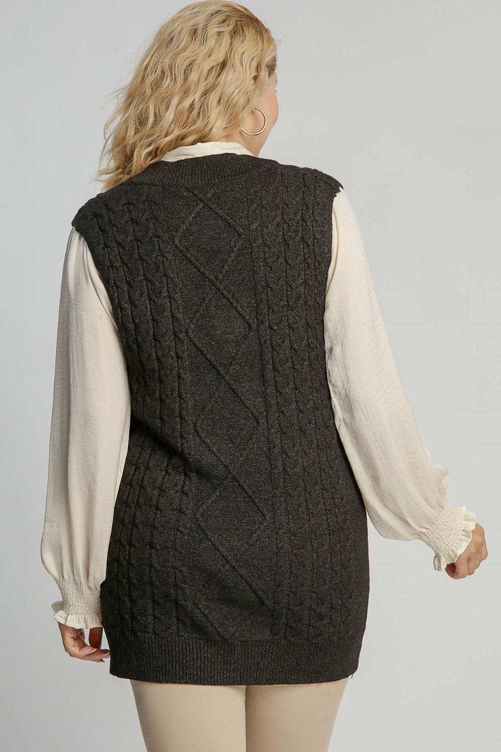Umgee Full Size Cable V-Neck Vest Sweater Plus Size - Trendsi - Flyclothing LLC