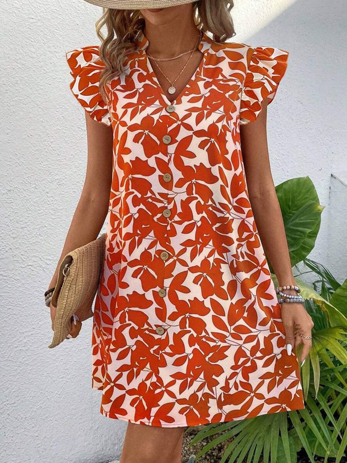 Printed Notched Cap Sleeve Mini Dress - Trendsi - Flyclothing LLC