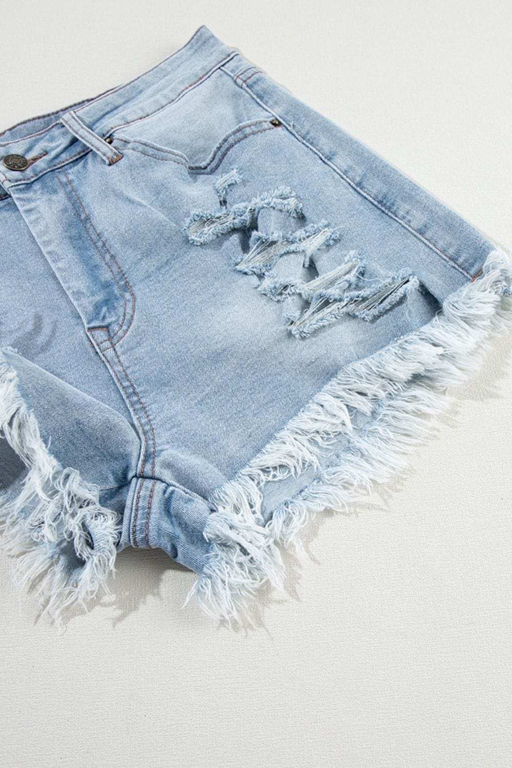 Distressed Raw Hem High Waist Denim Shorts - Trendsi - Flyclothing LLC
